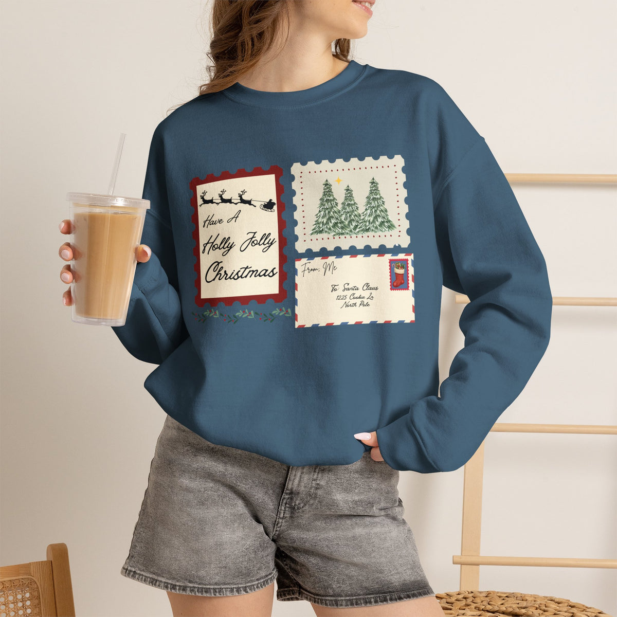 Holly Jolly Christmas Postcard Crewneck Sweatshirt