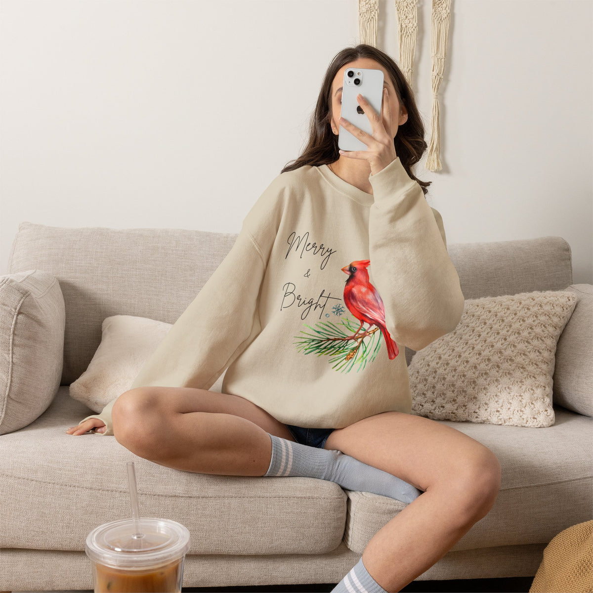 'Merry and Bright' Cardinal Sweatshirt Christmas Graphic Sweatshirt