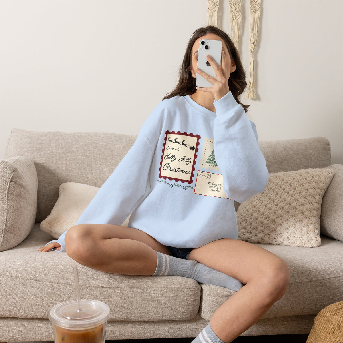 Holly Jolly Christmas Postcard Crewneck Sweatshirt