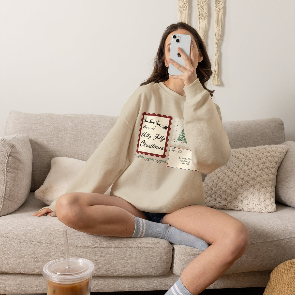 Holly Jolly Christmas Postcard Crewneck Sweatshirt