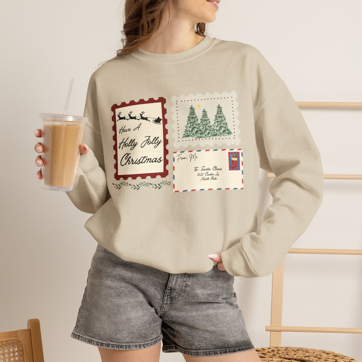 Holly Jolly Christmas Postcard Crewneck Sweatshirt