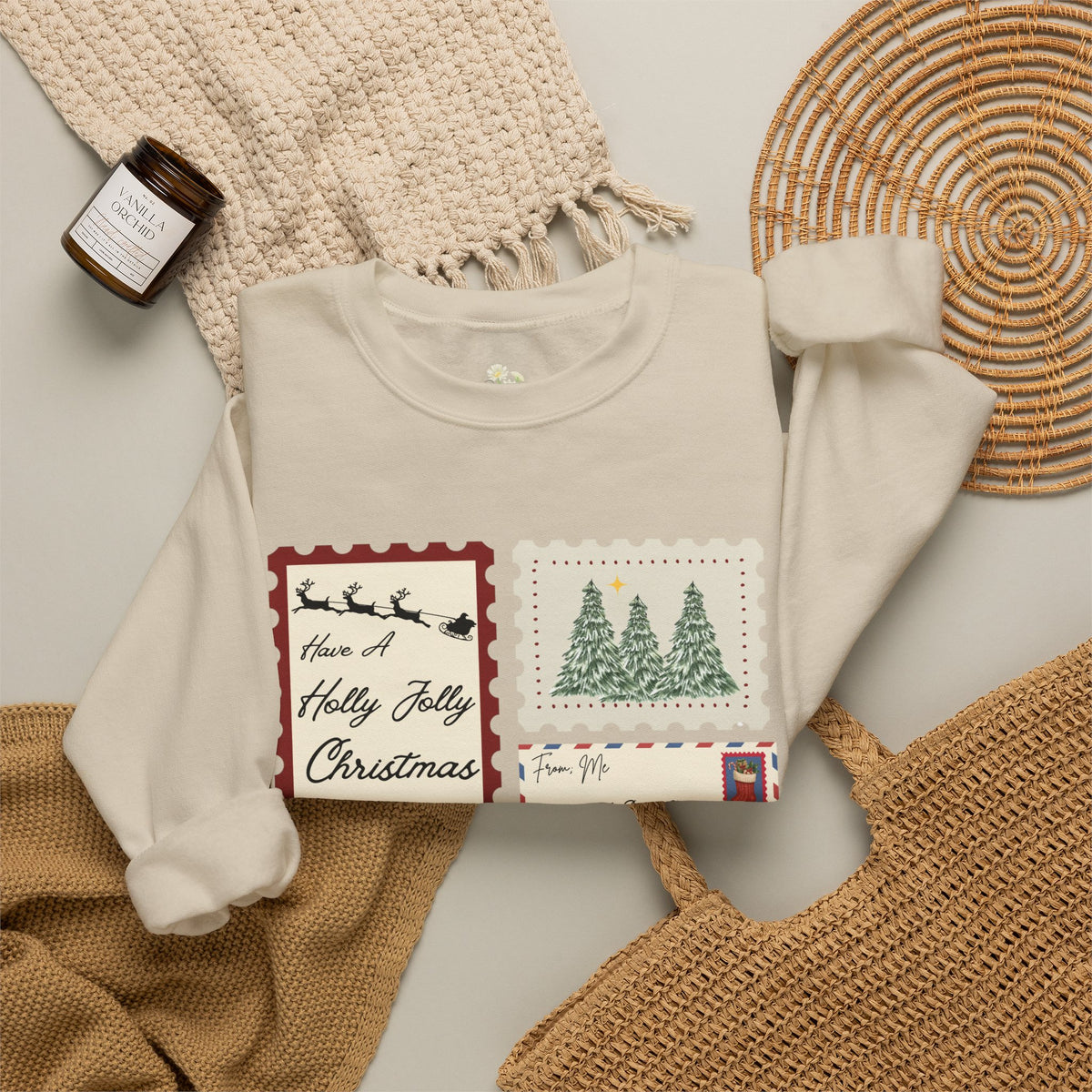 Holly Jolly Christmas Postcard Crewneck Sweatshirt