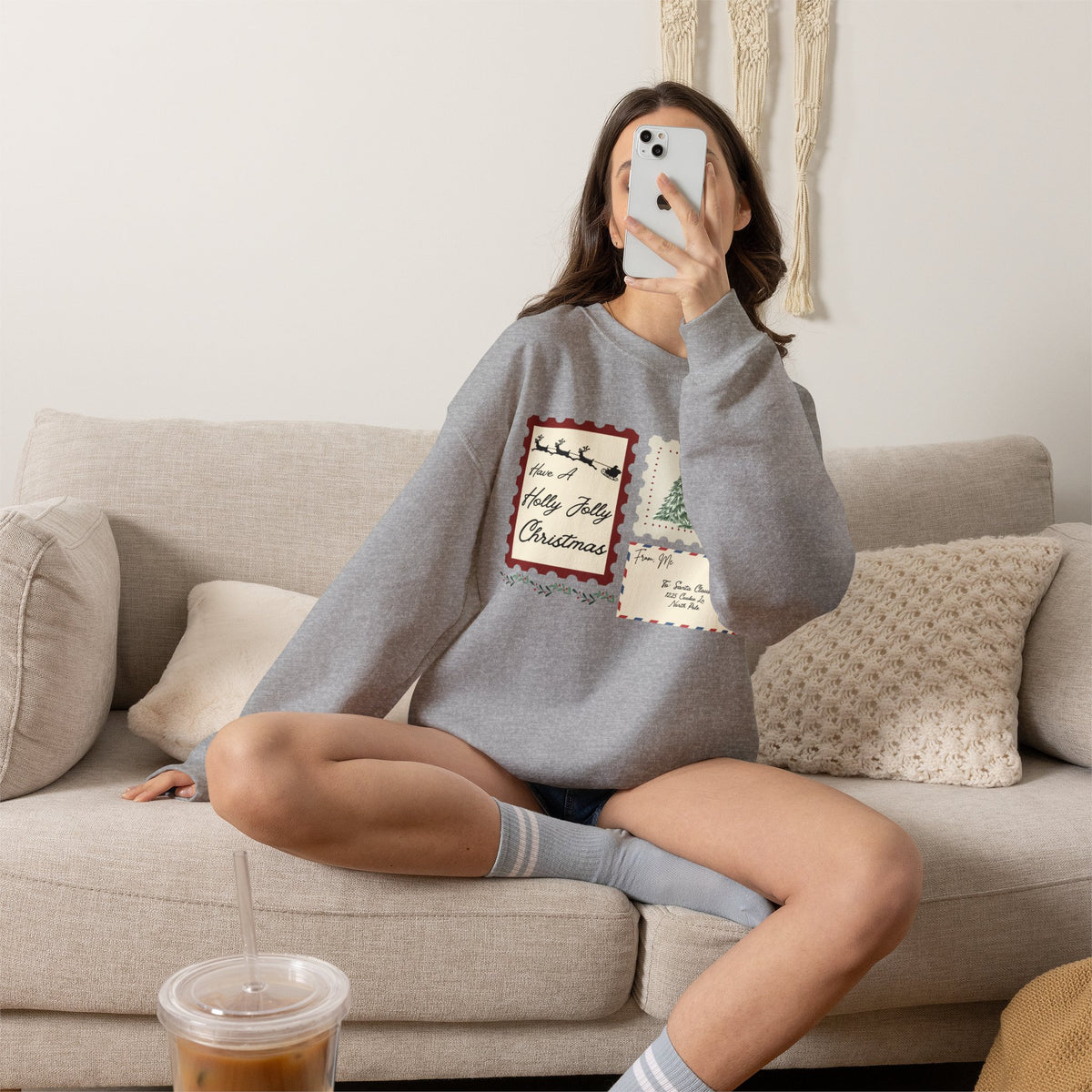 Holly Jolly Christmas Postcard Crewneck Sweatshirt