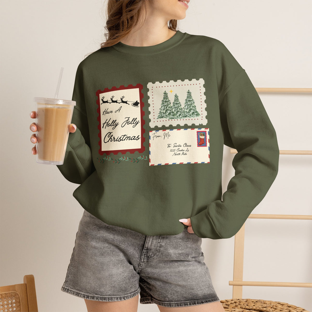 Holly Jolly Christmas Postcard Crewneck Sweatshirt