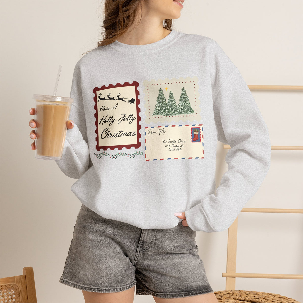 Holly Jolly Christmas Postcard Crewneck Sweatshirt
