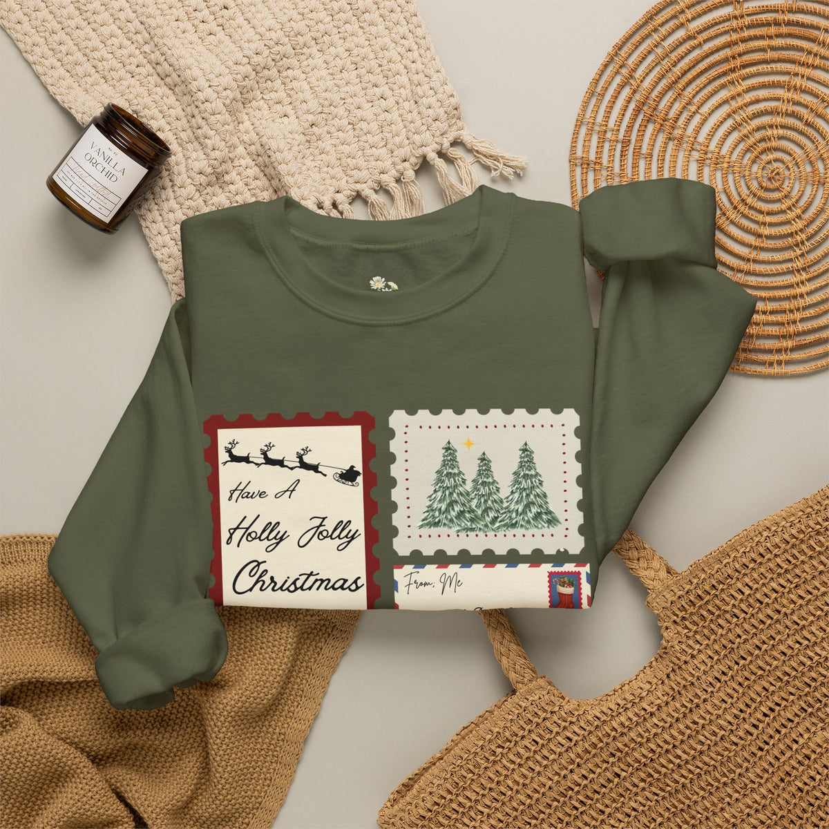 Holly Jolly Christmas Postcard Crewneck Sweatshirt