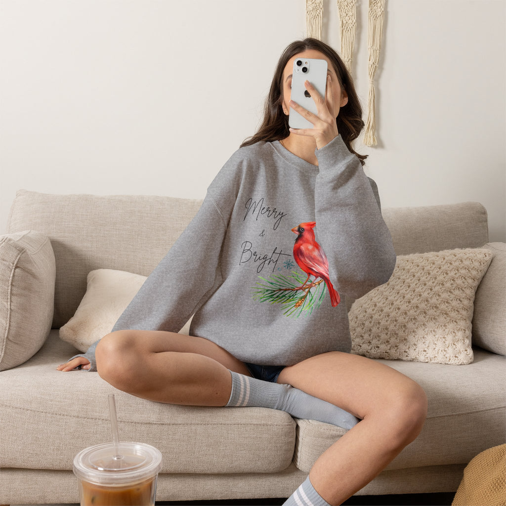 'Merry and Bright' Cardinal Sweatshirt Christmas Graphic Sweatshirt