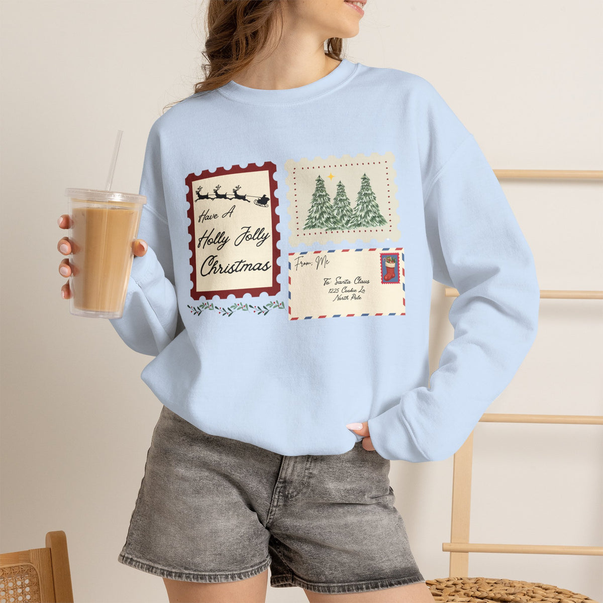 Holly Jolly Christmas Postcard Crewneck Sweatshirt