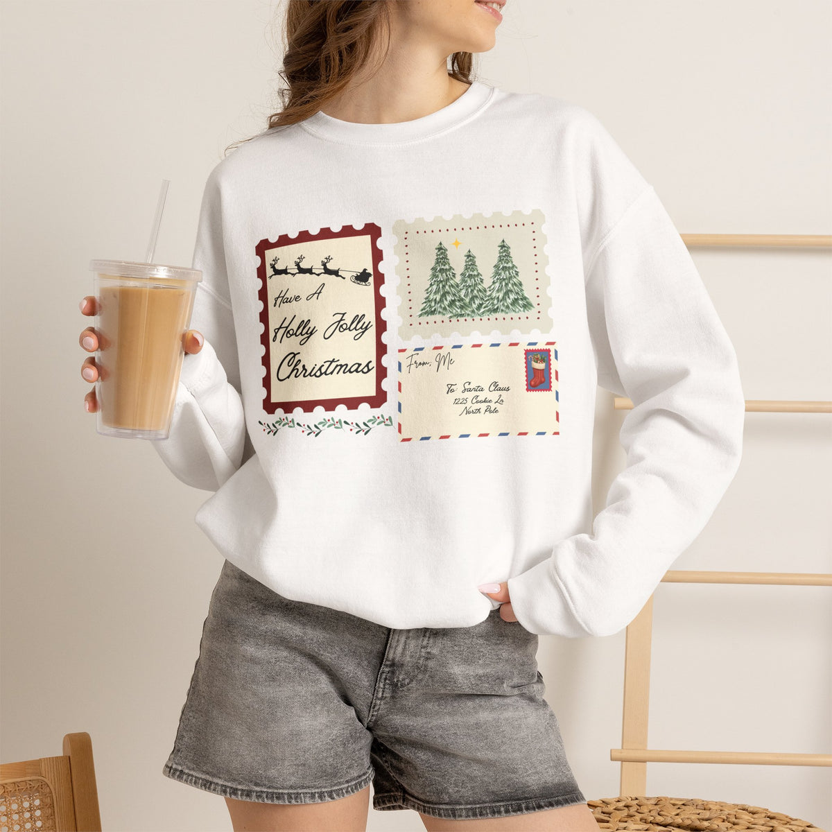 Holly Jolly Christmas Postcard Crewneck Sweatshirt