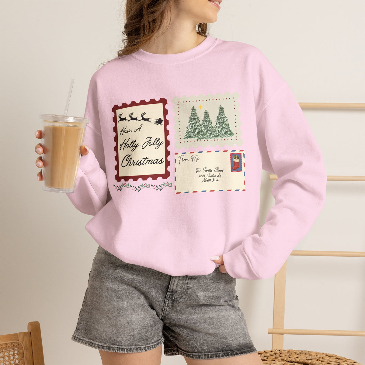 Holly Jolly Christmas Postcard Crewneck Sweatshirt