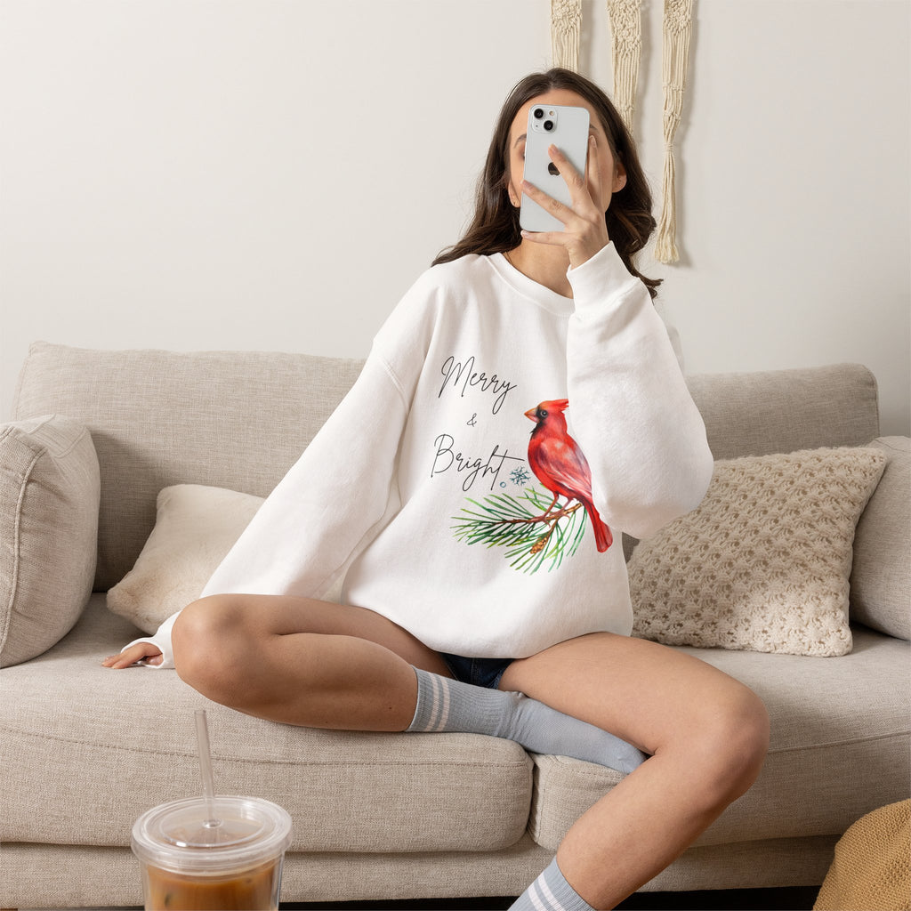 'Merry and Bright' Cardinal Sweatshirt Christmas Graphic Sweatshirt