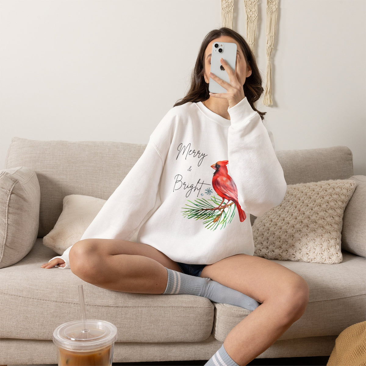 'Merry and Bright' Cardinal Sweatshirt Christmas Graphic Sweatshirt