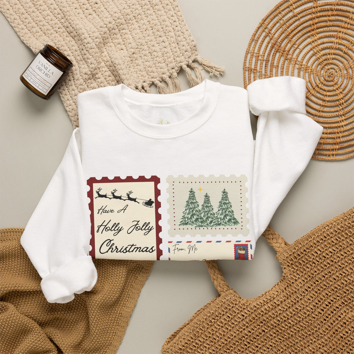 Holly Jolly Christmas Postcard Crewneck Sweatshirt
