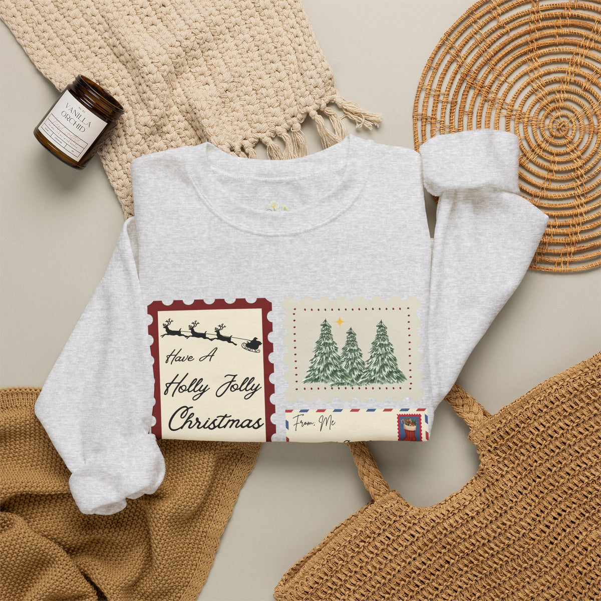 Holly Jolly Christmas Postcard Crewneck Sweatshirt