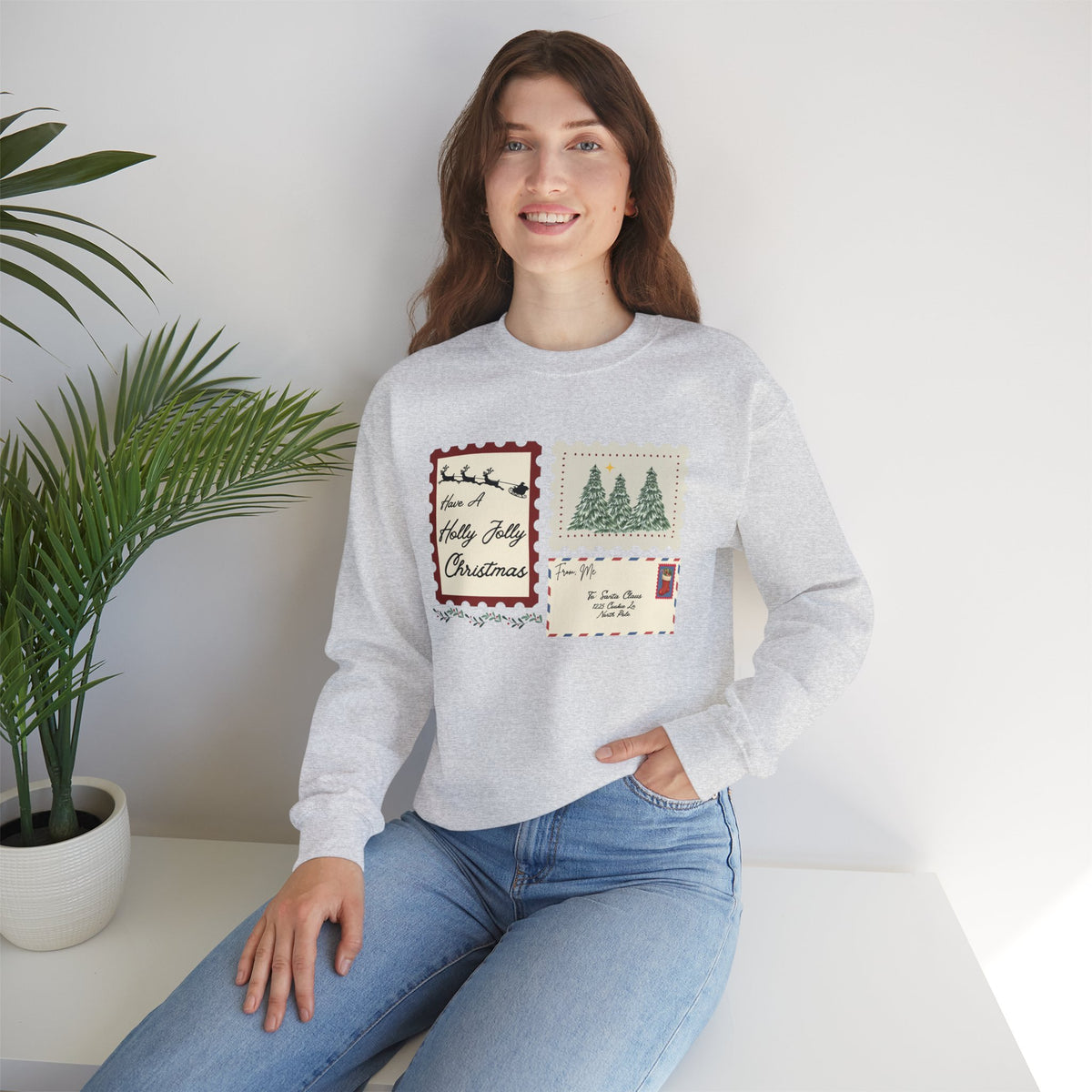 Holly Jolly Christmas Postcard Crewneck Sweatshirt